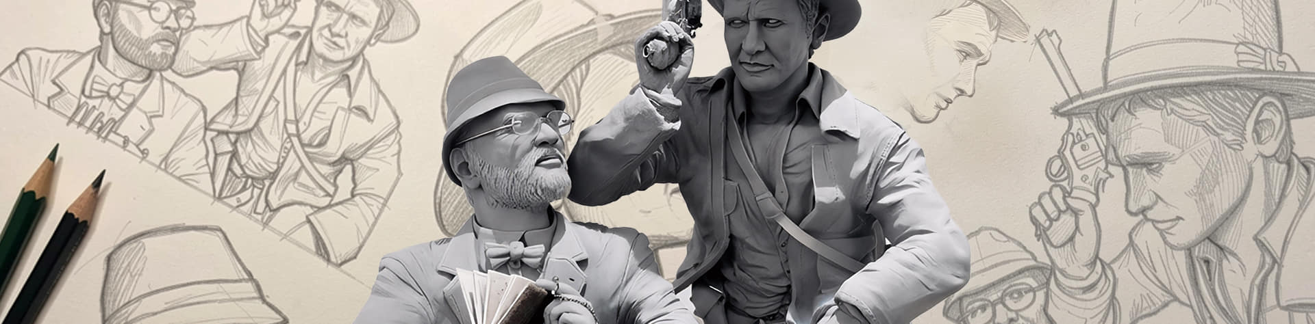 sculture artigianali: Indiana Jones e Harry Jones senior con bozzetti a matita - karatis - Bellavere Abano Terme