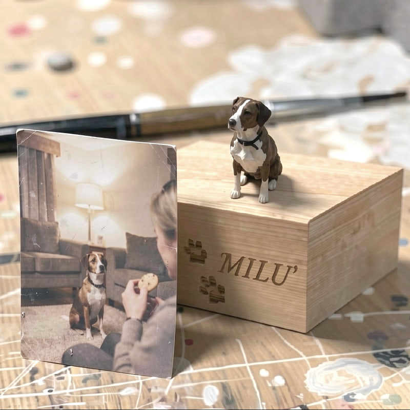 urna in legno per ceneri con incisioni di zampe e nome Milù - miniatura modellata e dipinta a mano in cima e foto ricordo accanto - scultura artigianale in Super Sculpey - Belavere Abano Terme gioielleria Karatis