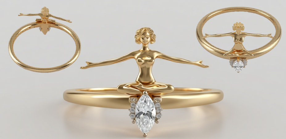 Anello Yoga in oro giallo 18kt con figura danzante e diamante navette - pezzo unico Bellavere gioielleria Karatis Abano Terme