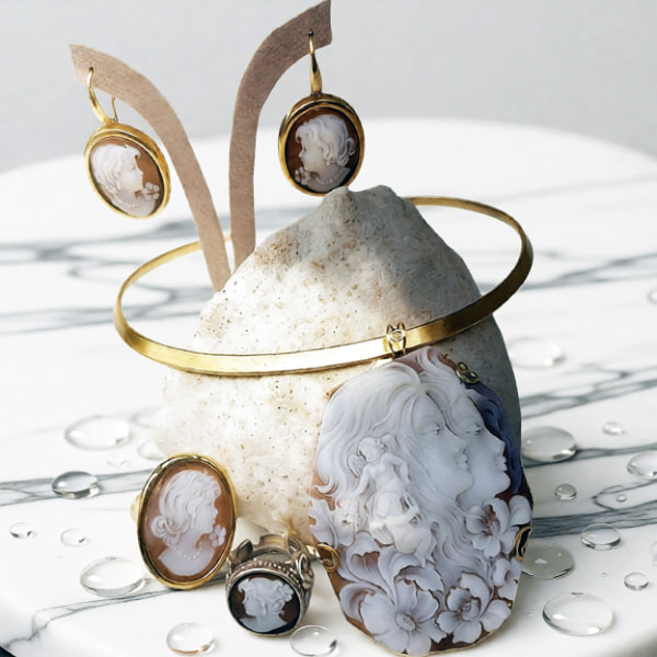 Camei in oro su conchiglia e pietra - gioielleria artigianale Bellavere Karatis Abano Terme