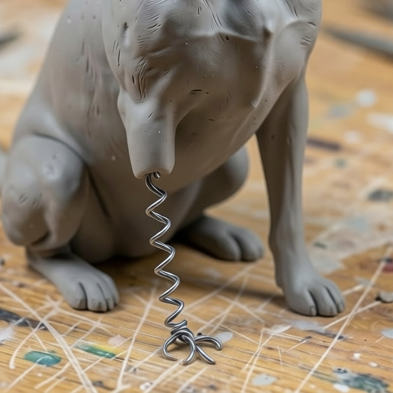 Particolare della zampa del cane in lavorazione con filo di ferro visibile - scultura artigianale commemorativa in Super Sculpey - Bellavere Abano Terme gioielleria Karatis