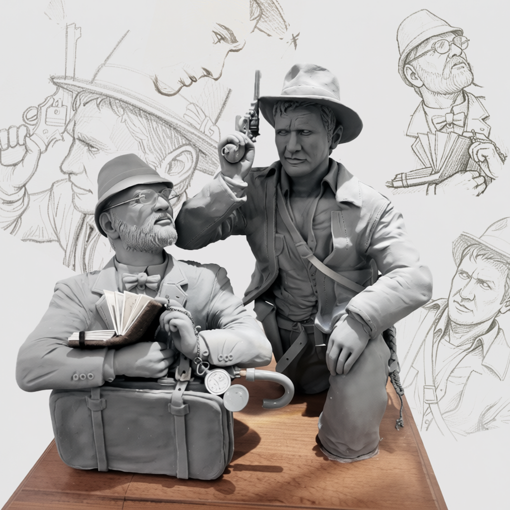 scultura artigianale di Indiana Jones e Harry jones senior in Super Sculpey - Bellavere Abano Terme gioielleria Karatis