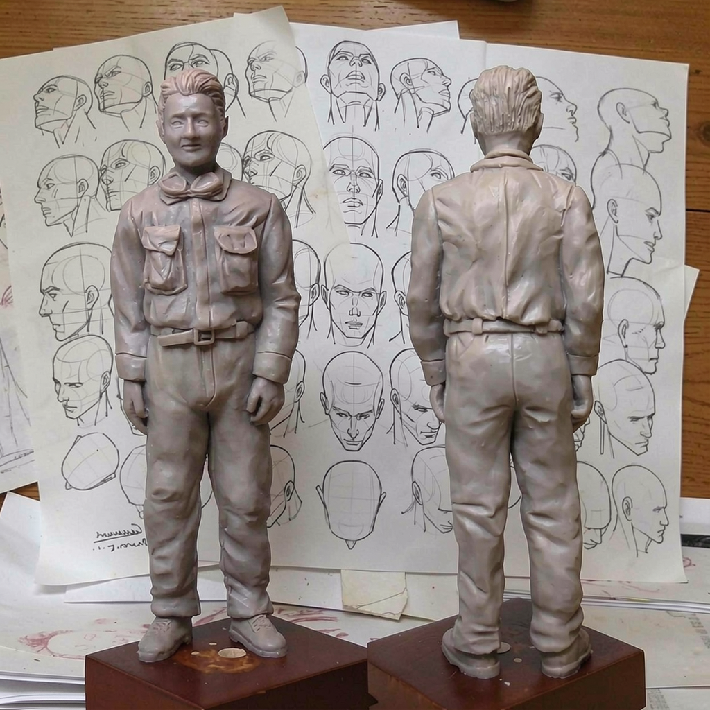 Enzo Ferrari in tuta - scultura artigianale in Super Sculpey con bozzetti - Bellavere gioielleria Karatis Abano Terme