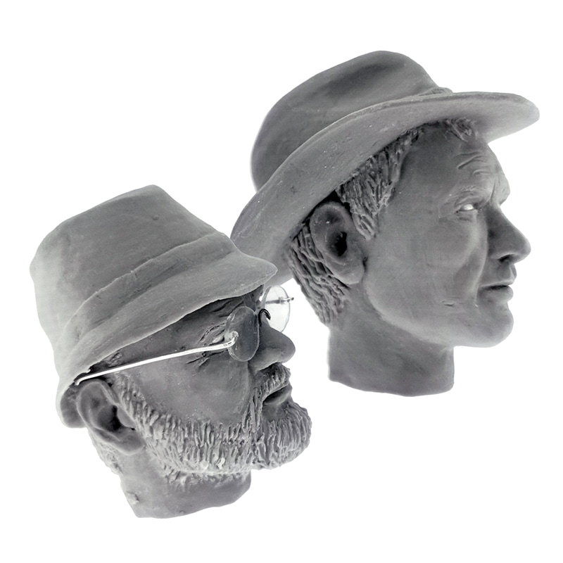 Particolare teste Indiana Jones e Henry Jones Senior - scultura artigianale in Super Sculpey - Bellavere Abano Terme gioielleria Karatis